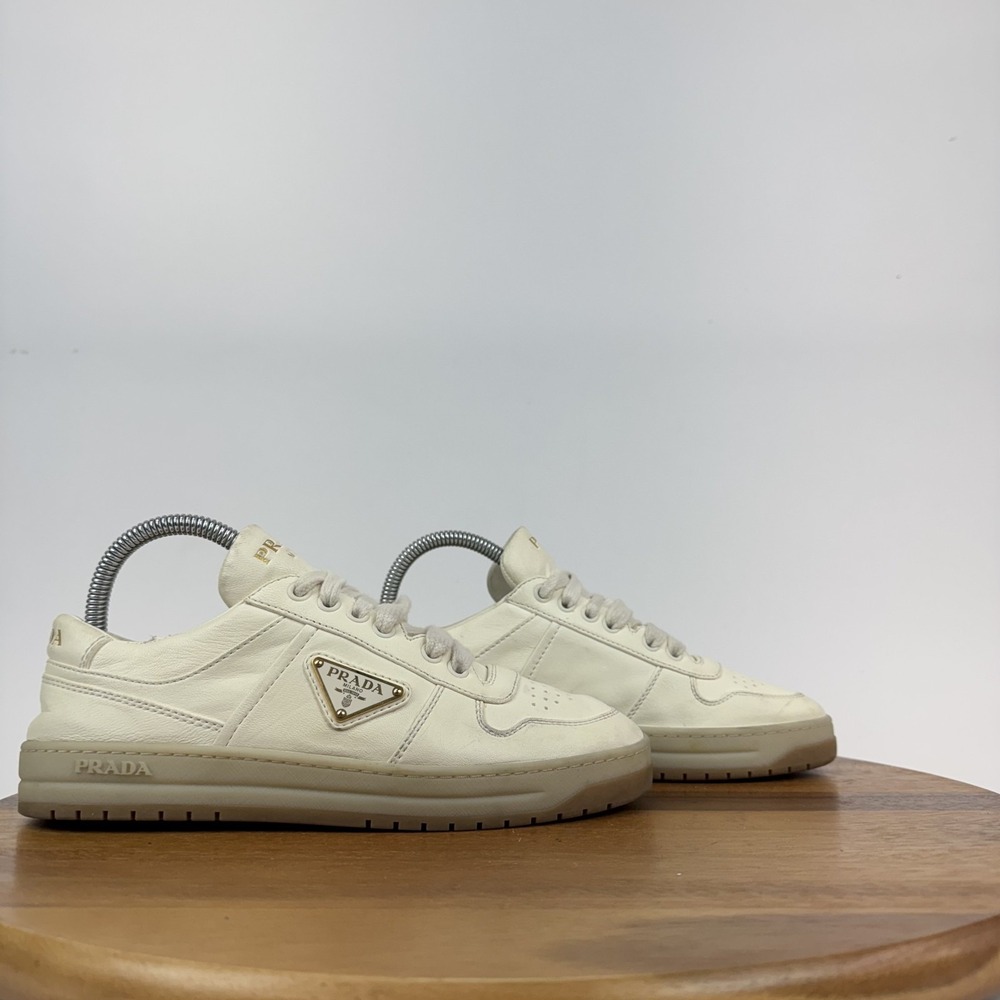 Womens Prada Downtown Ivory Leather Comfort Casual Sneakers Shoes Size 37 GUC